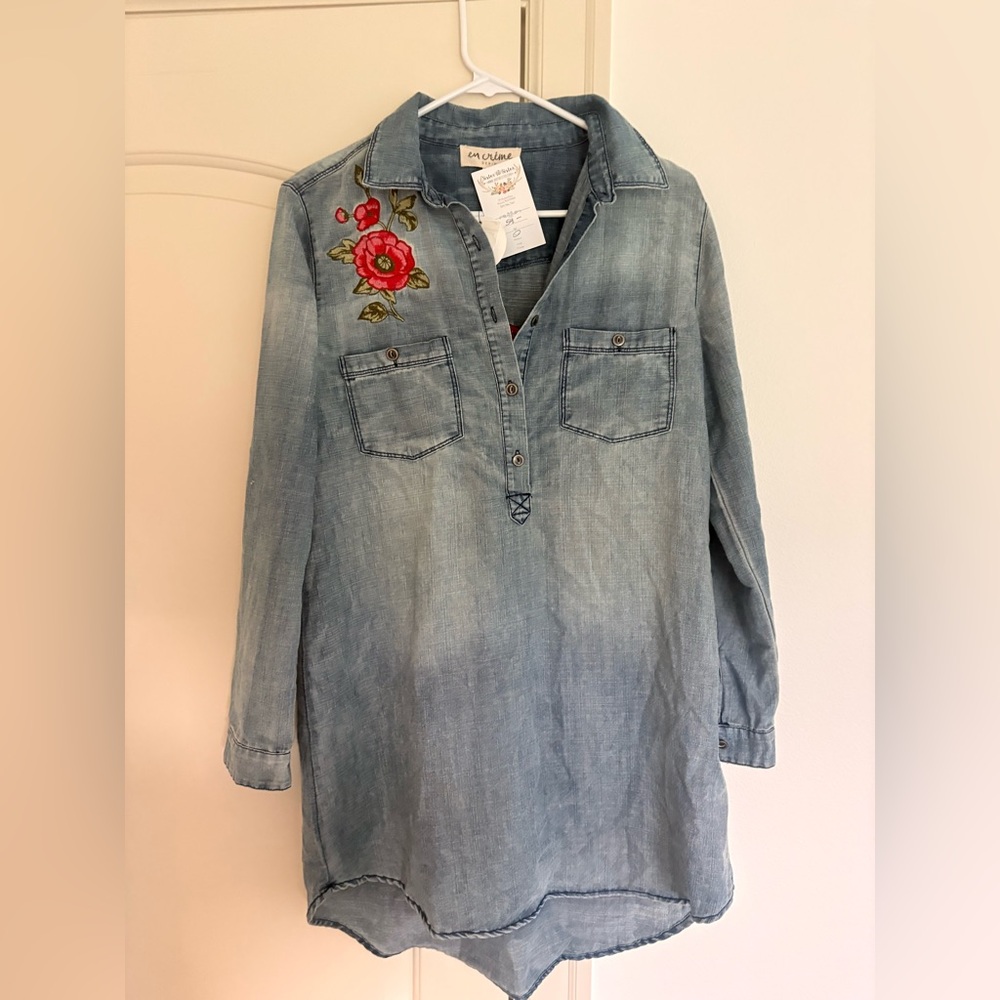 NWT Celine Light Denim Tunic with Pink Floral Embroidery